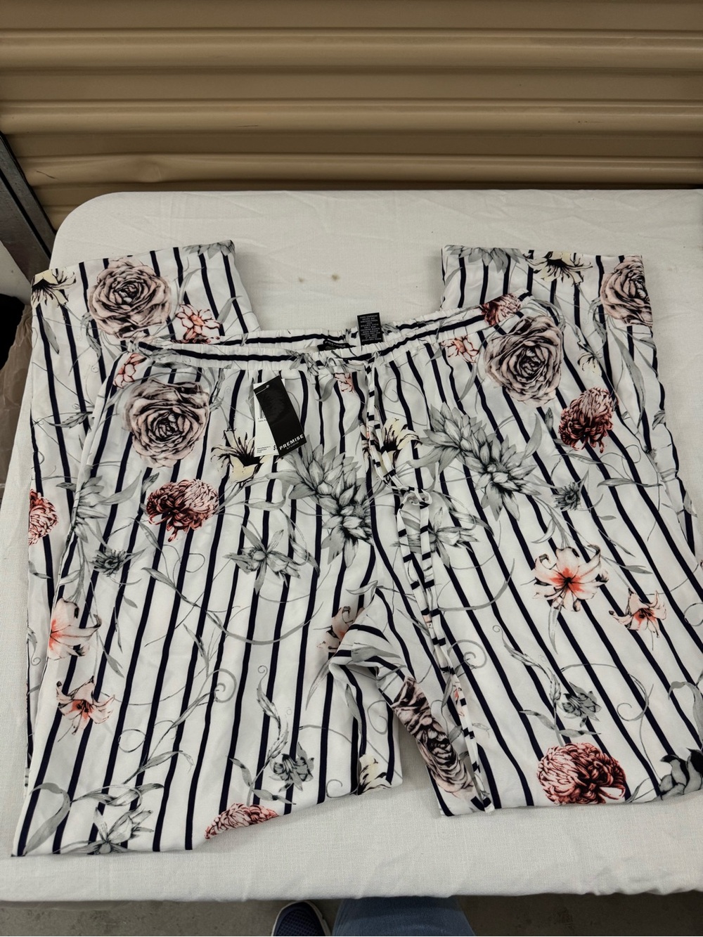 Premise White Wide-Leg Floral Stripe Pants